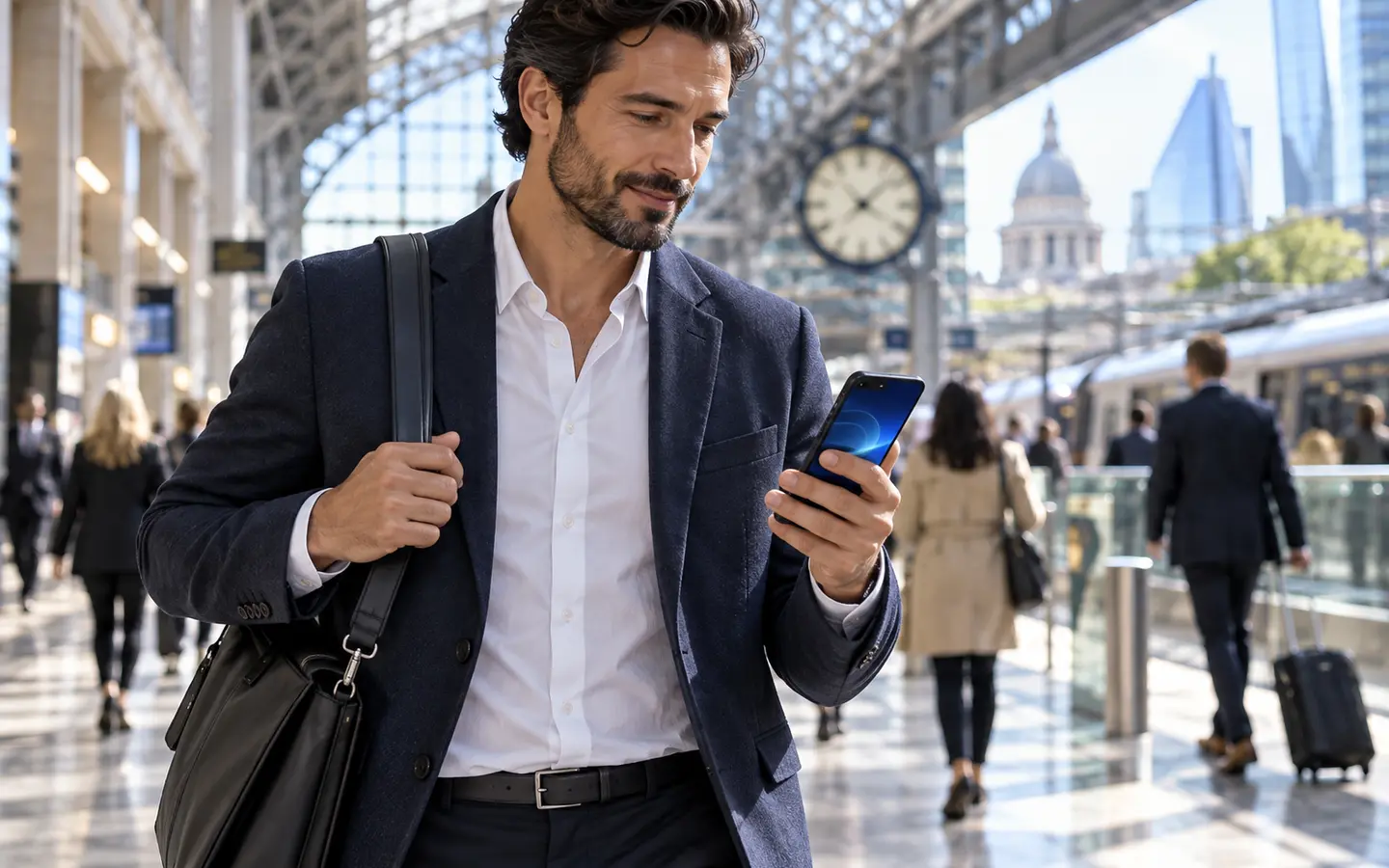 Business traveller using a smartphone in a bright railway concourse
