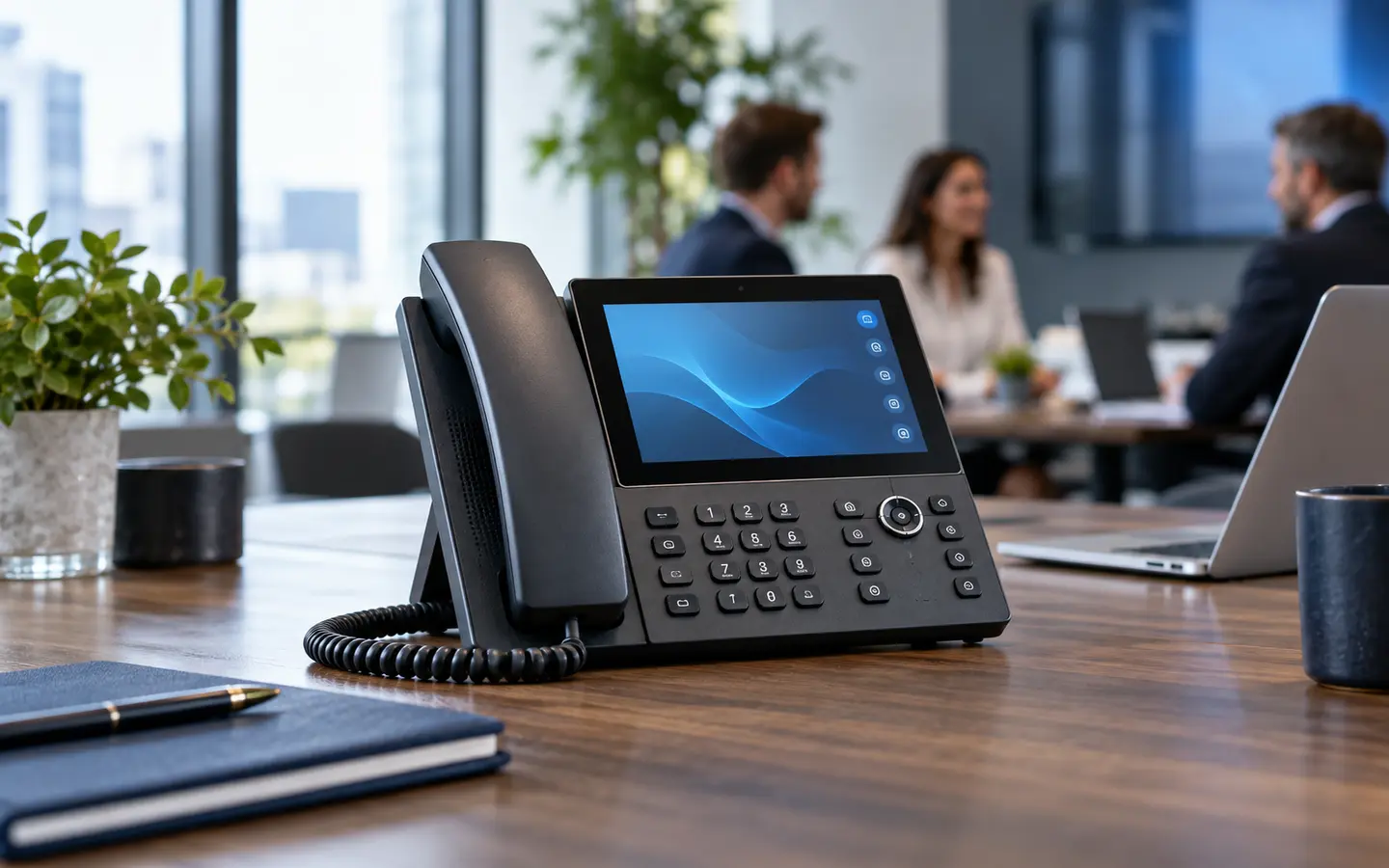 Modern IP desk telephone in a bright meeting room